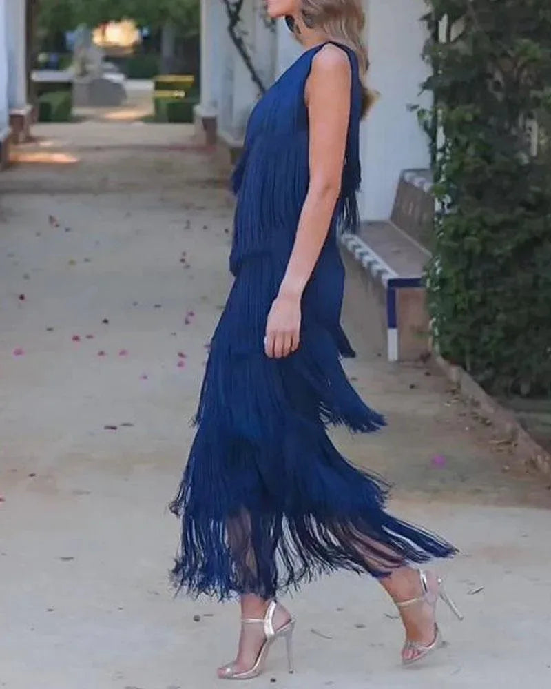 Fashion fringed slanting shoulder asymmetric dress