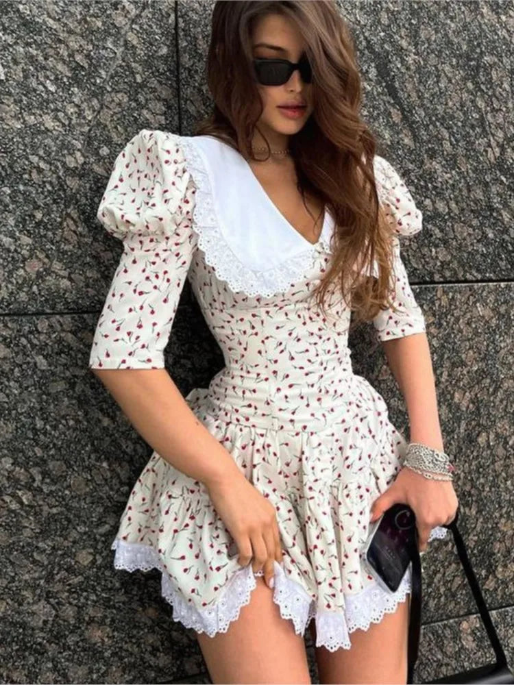 Floral Dress with Doll Neck and Short Sleeves