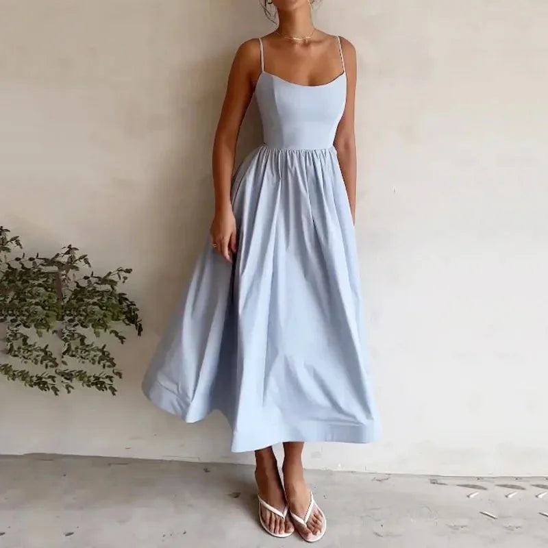 Solid Sexy U-Neck, Gathered Waist, Pleated Halter Dress