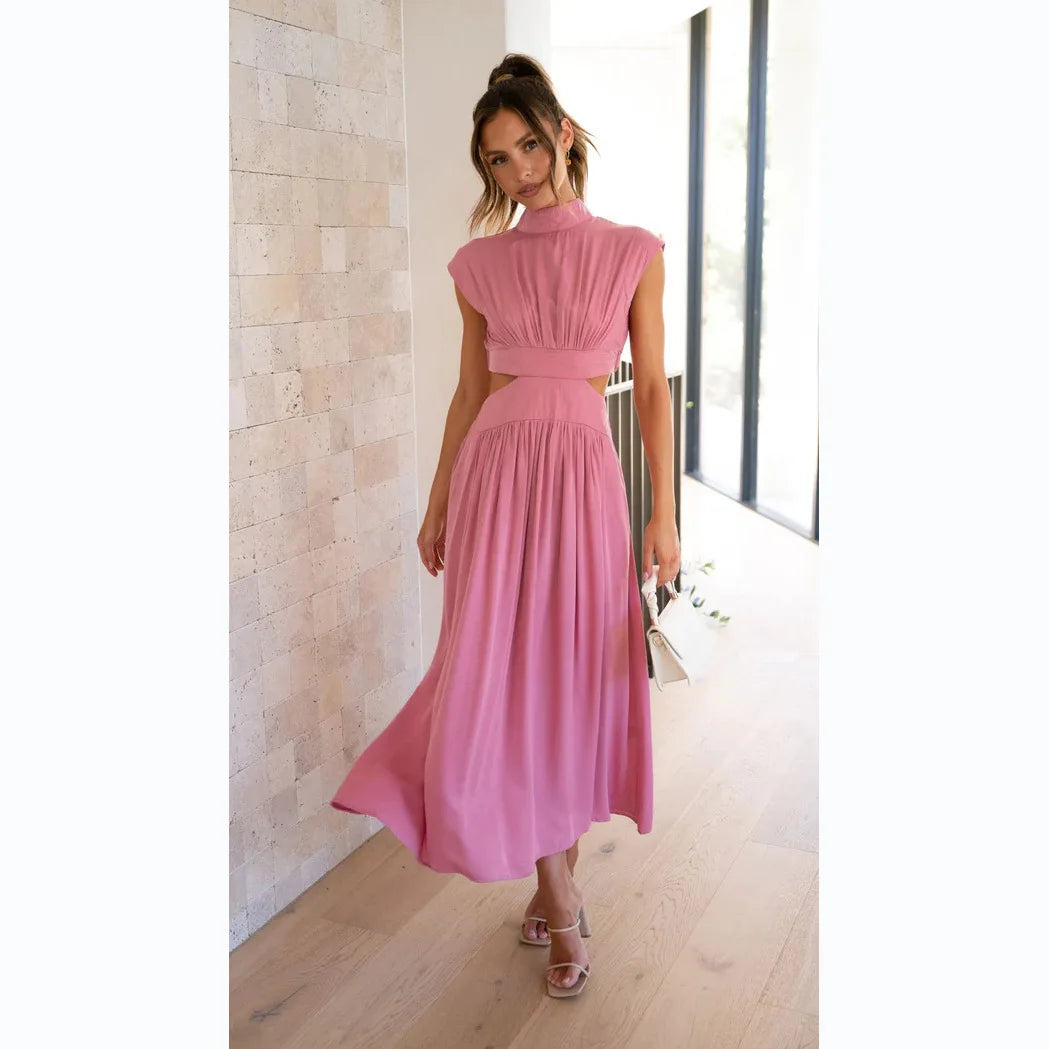 0  Stand-up collar macaron waist-baring long dress