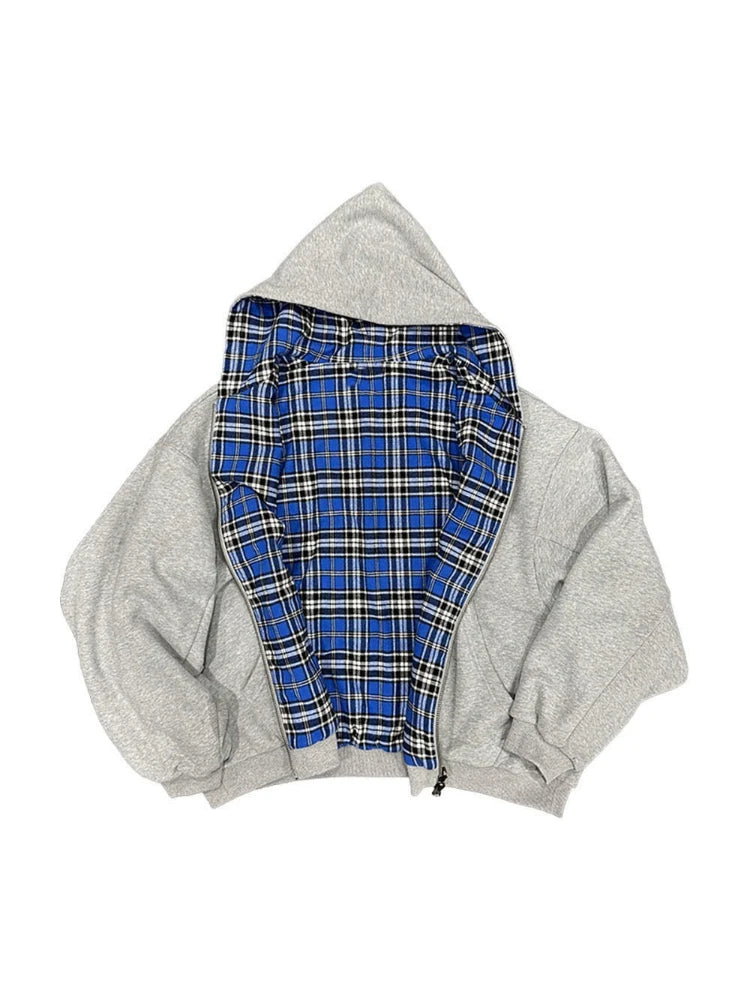 Hooded zippered plaid reversible sweatshirt