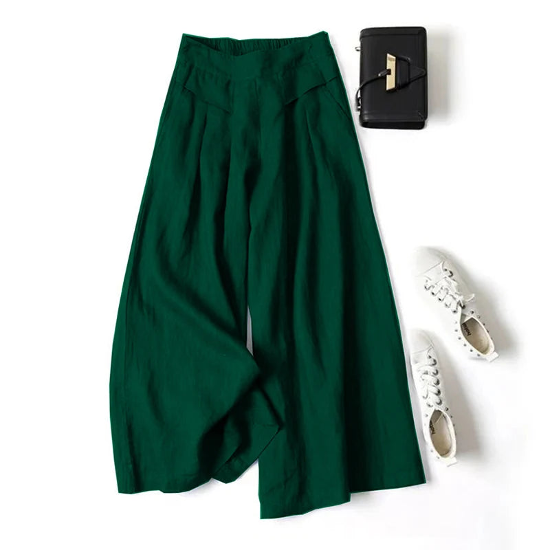 Literary cotton and linen wide-leg culottes
