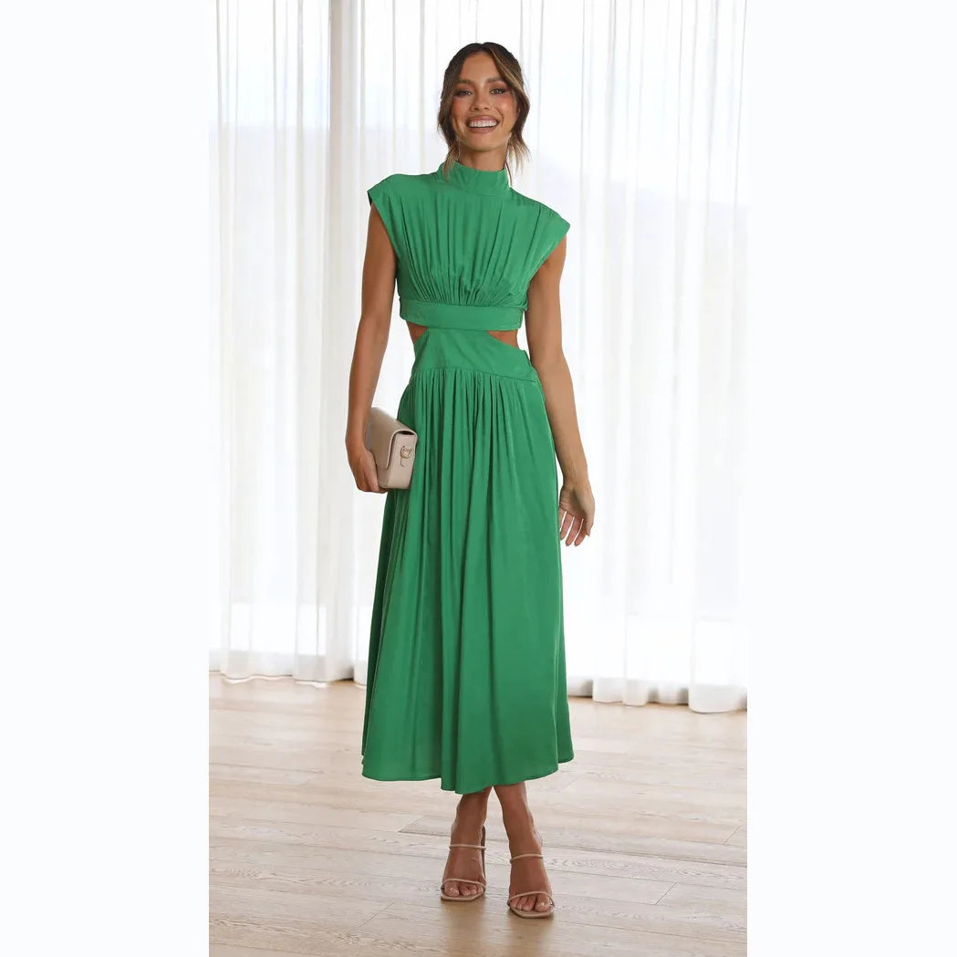0  Stand-up collar macaron waist-baring long dress