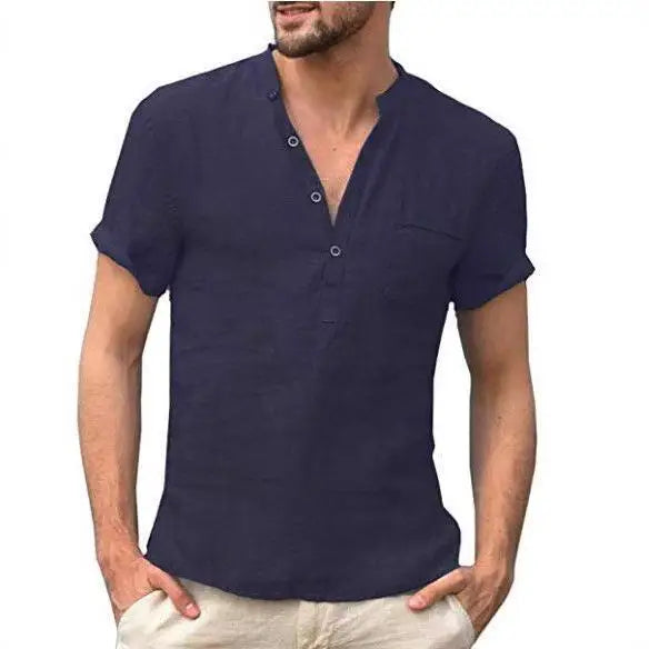 Cotton Linen Short Sleeve Men's T Shirt Stand Collar