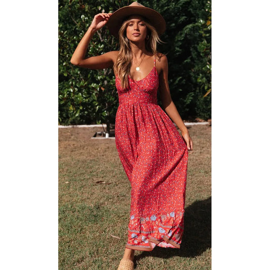 Bohemian V-neck floral print sundress