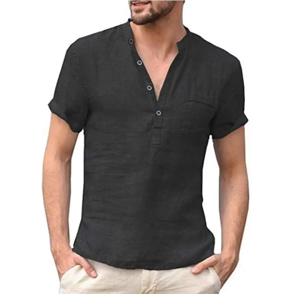 Cotton Linen Short Sleeve Men's T Shirt Stand Collar