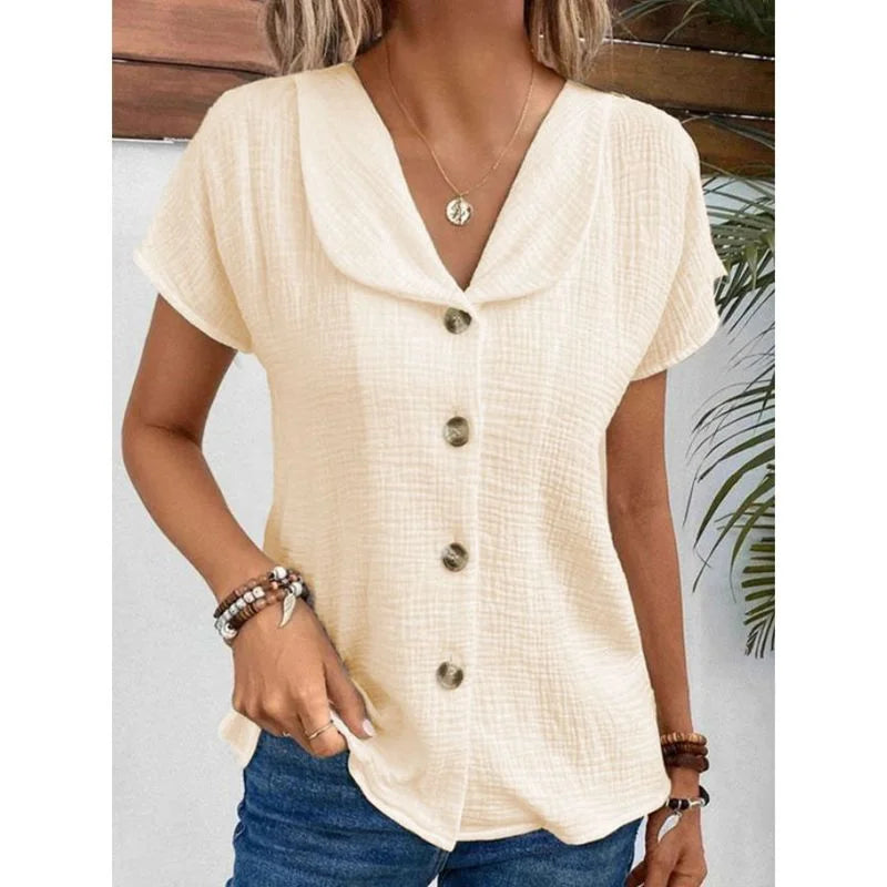 Solid Short Sleeve Cardigan Button Women's Top