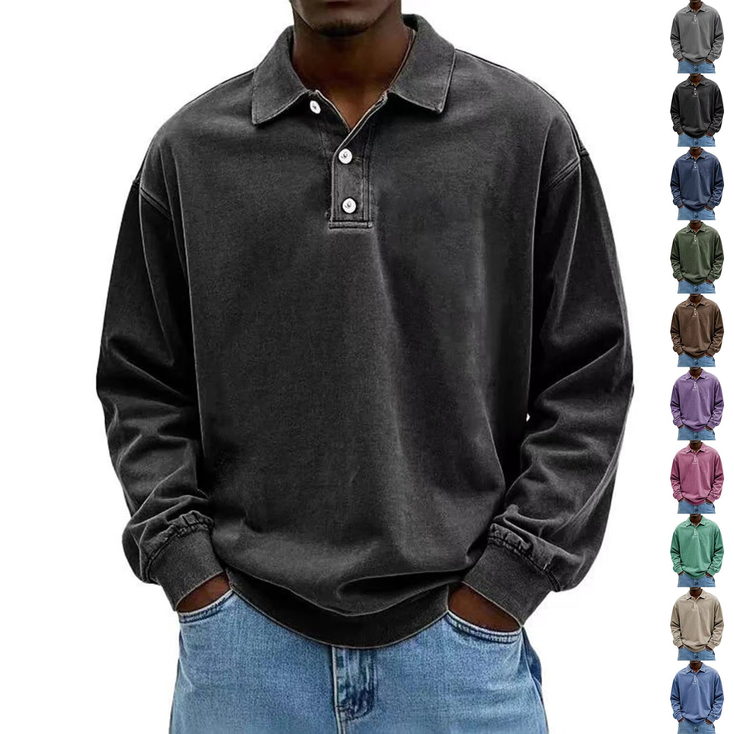 Casual and versatile long-sleeve button-down lapel polo shirt
