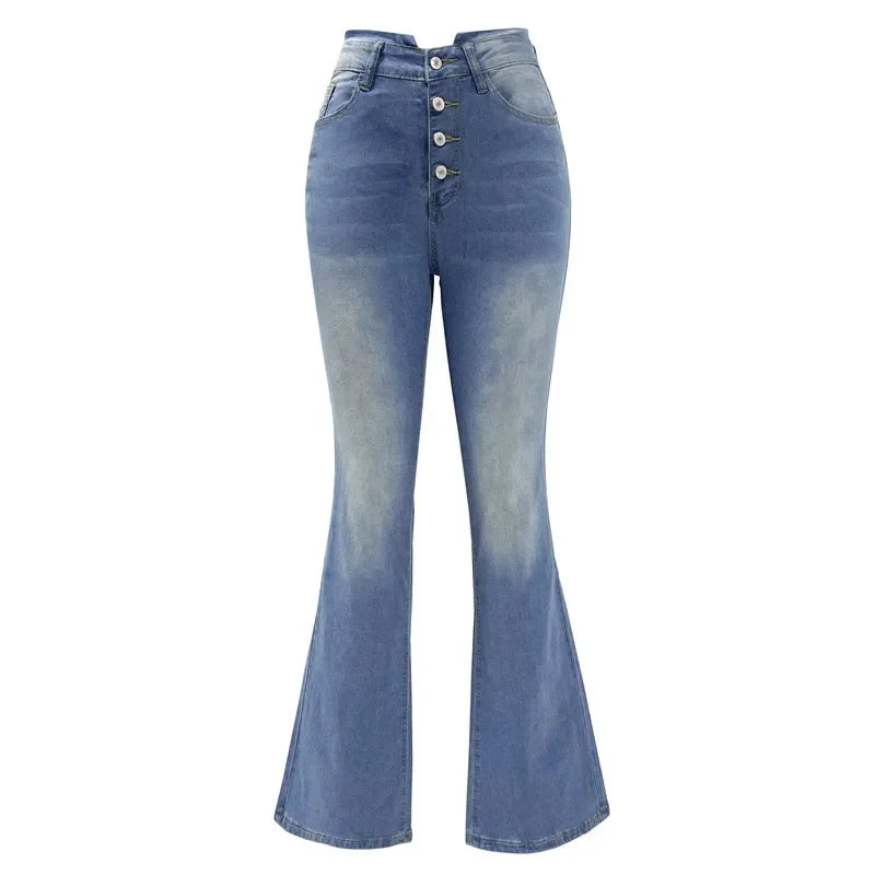 Slim Multi-Button Slightly Flared Pants Washed Women's Jeans