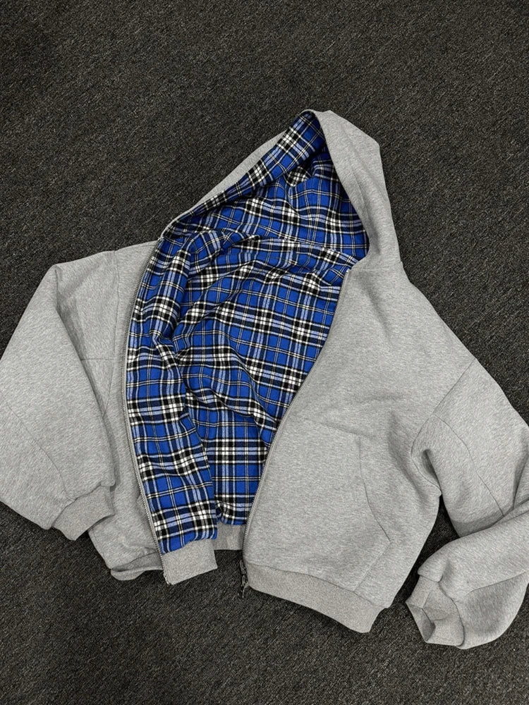 Hooded zippered plaid reversible sweatshirt