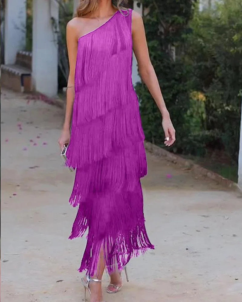 Fashion fringed slanting shoulder asymmetric dress