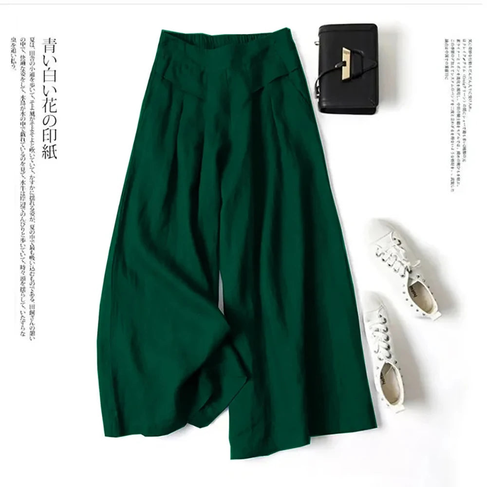 Literary cotton and linen wide-leg culottes