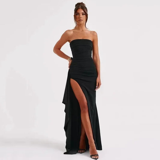 One Line Neck Bandeau Fashion Sexy Halter High Split Dress