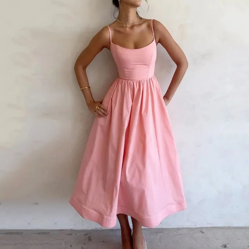 Solid Sexy U-Neck, Gathered Waist, Pleated Halter Dress
