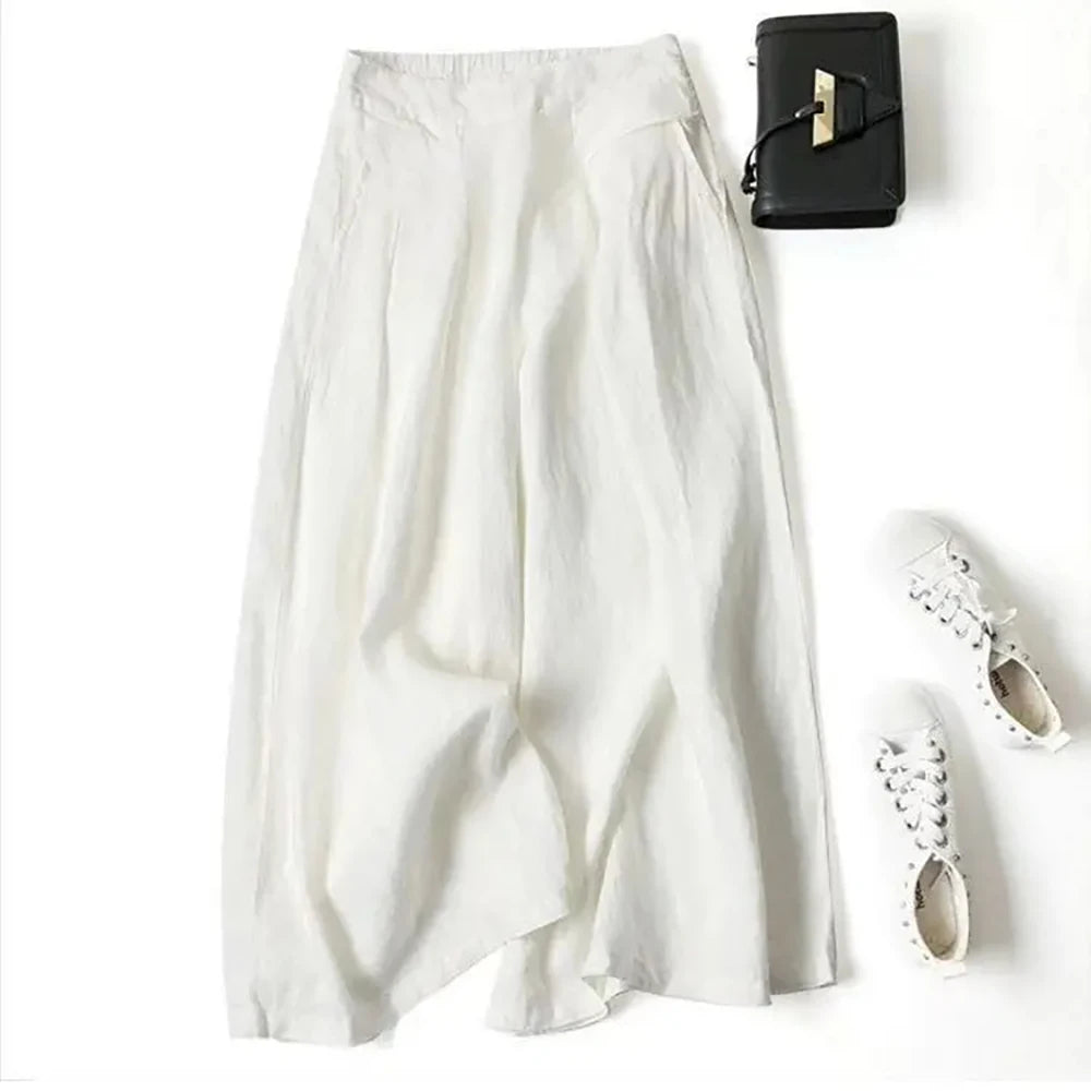 Literary cotton and linen wide-leg culottes