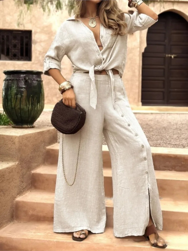 Cotton Linen Casual Cardigan Long Sleeve Button Wide Leg Pants 2 Piece Set