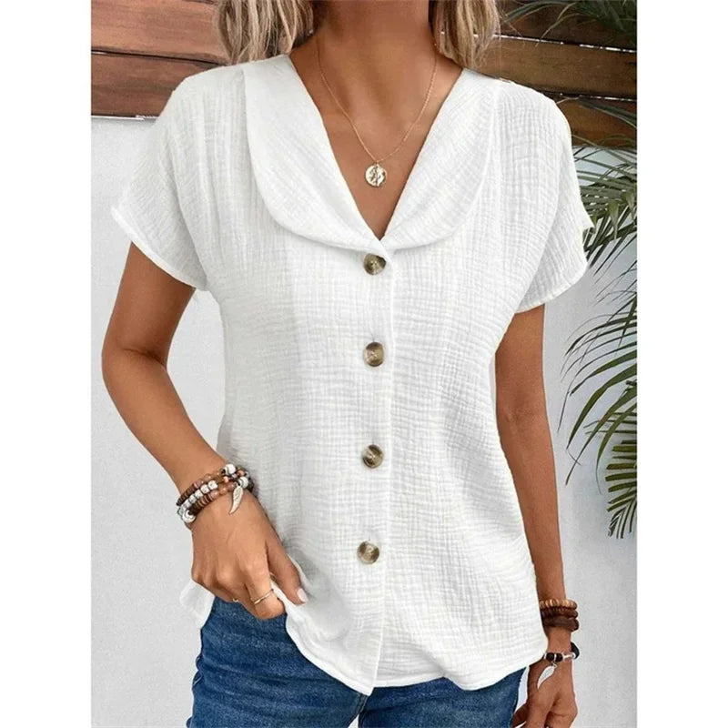 Solid Short Sleeve Cardigan Button Women's Top
