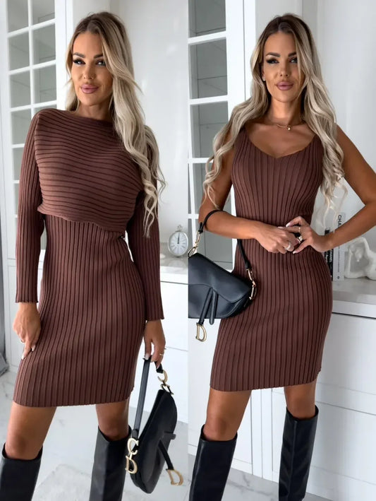 Fall Pit Strip Long Sleeve Top Slip Skirt