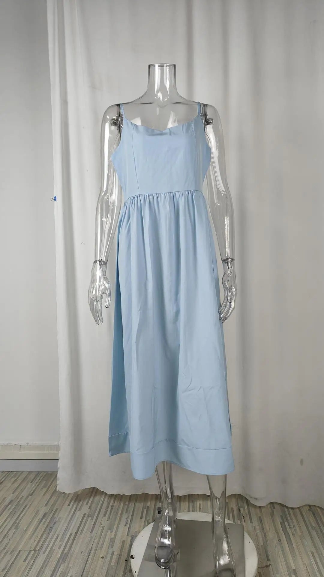 Solid Sexy U-Neck, Gathered Waist, Pleated Halter Dress