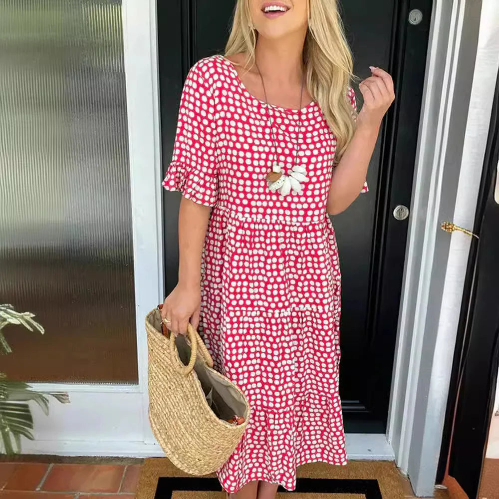 Round neck printed short-sleeved dress