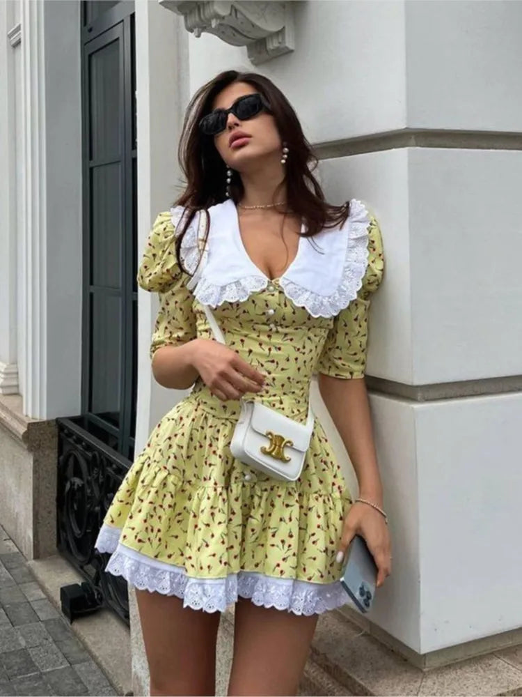 Floral Dress with Doll Neck and Short Sleeves