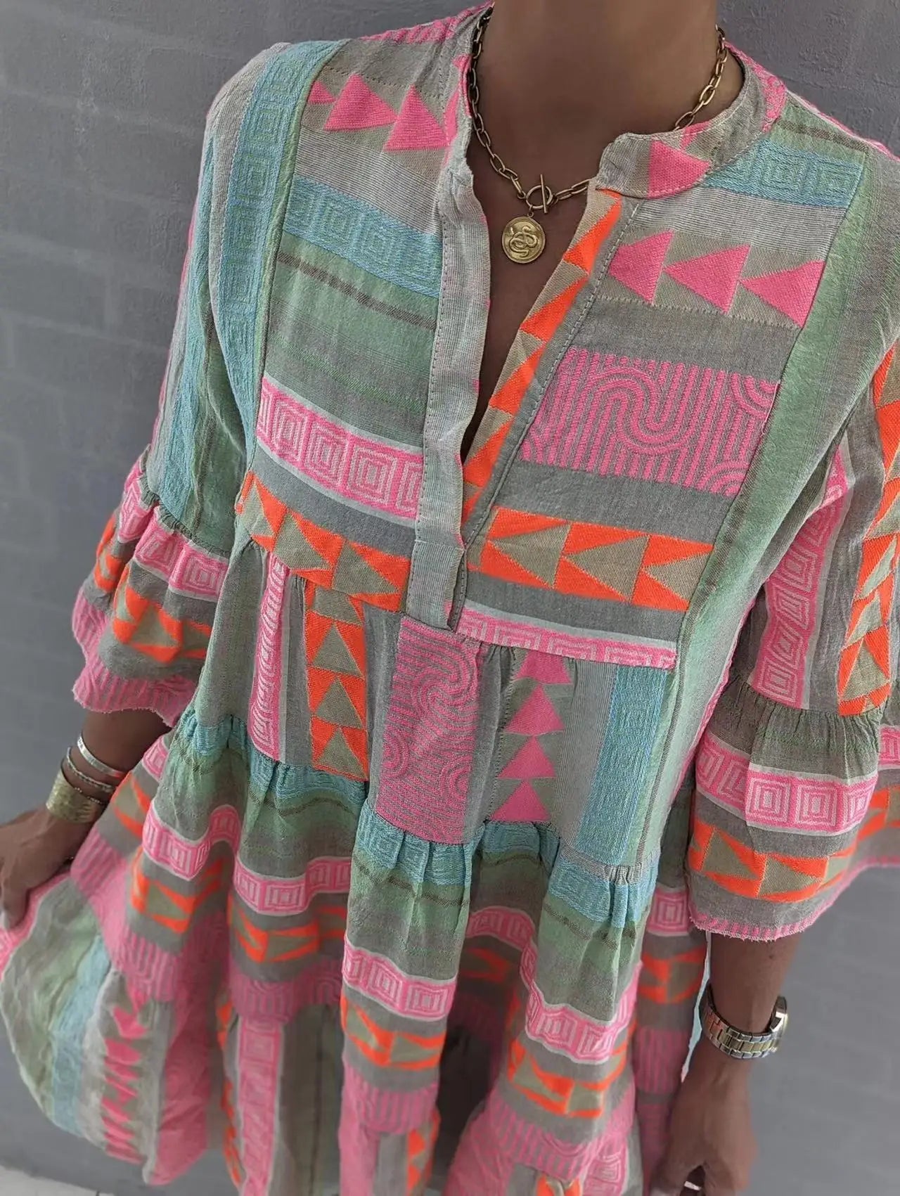 Fall Print V-Neck Three-Quarter Sleeve Dress