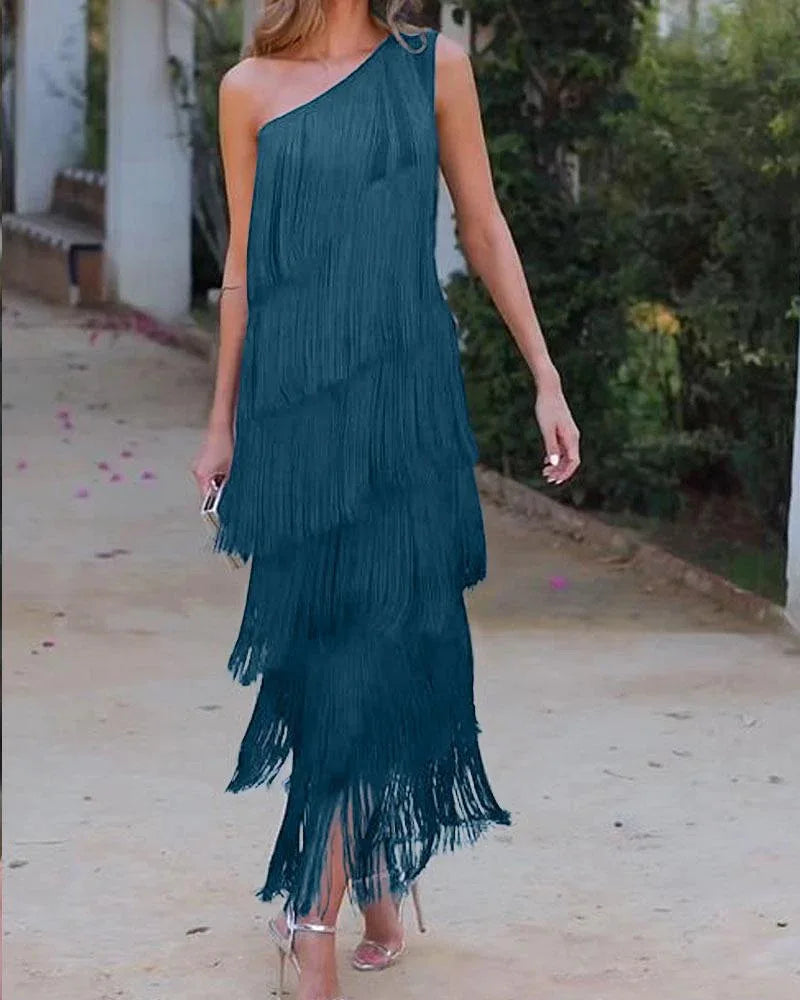 Fashion fringed slanting shoulder asymmetric dress