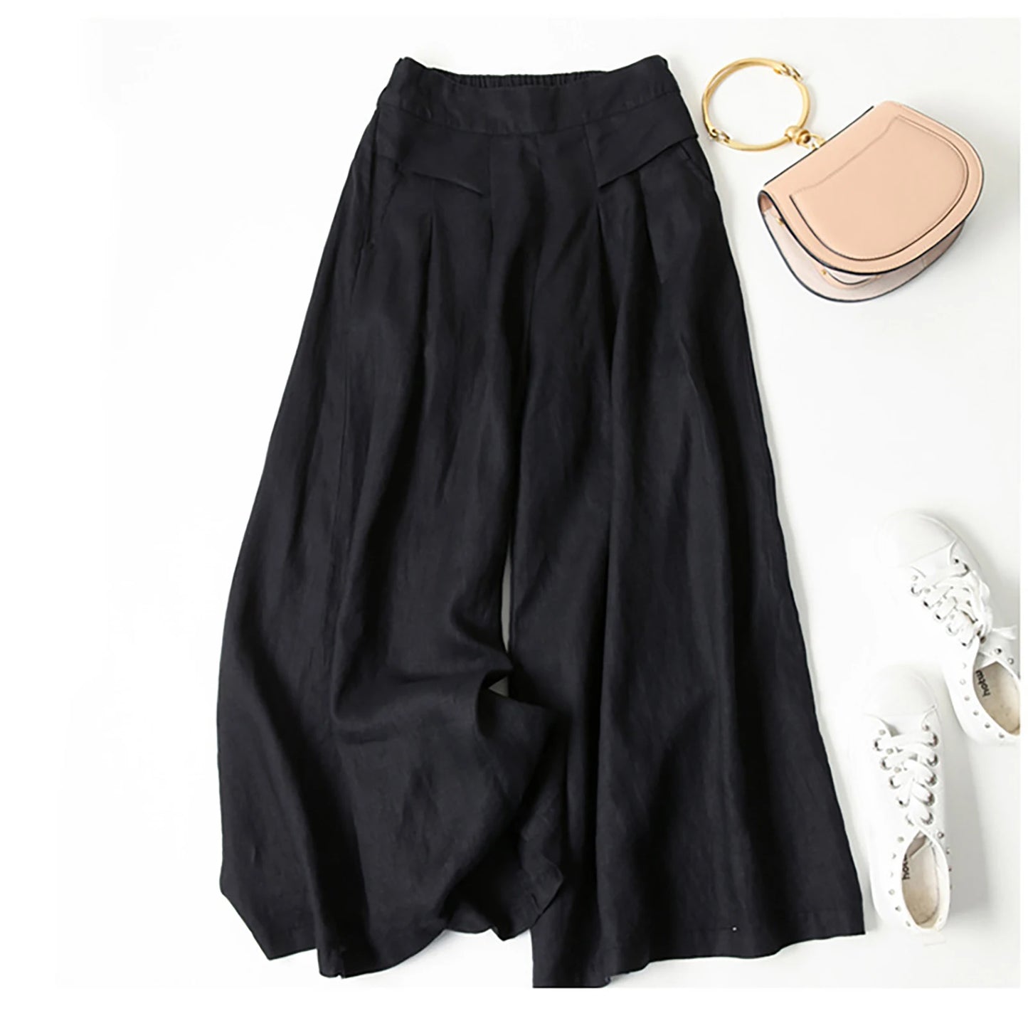 Literary cotton and linen wide-leg culottes