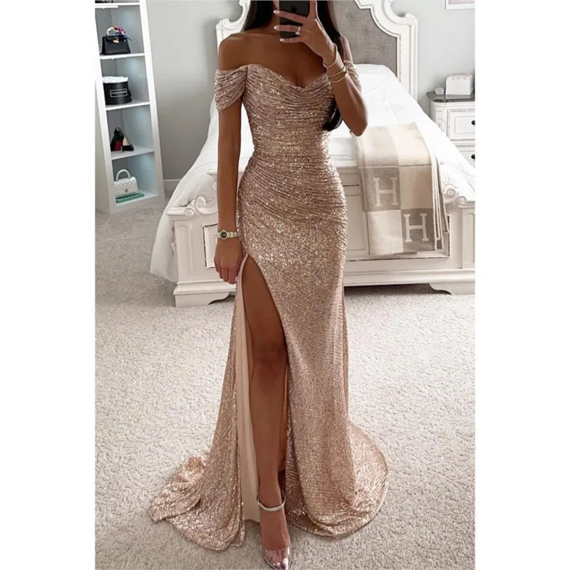 Sexy polyester ball gown with subtle shimmer and a high slit