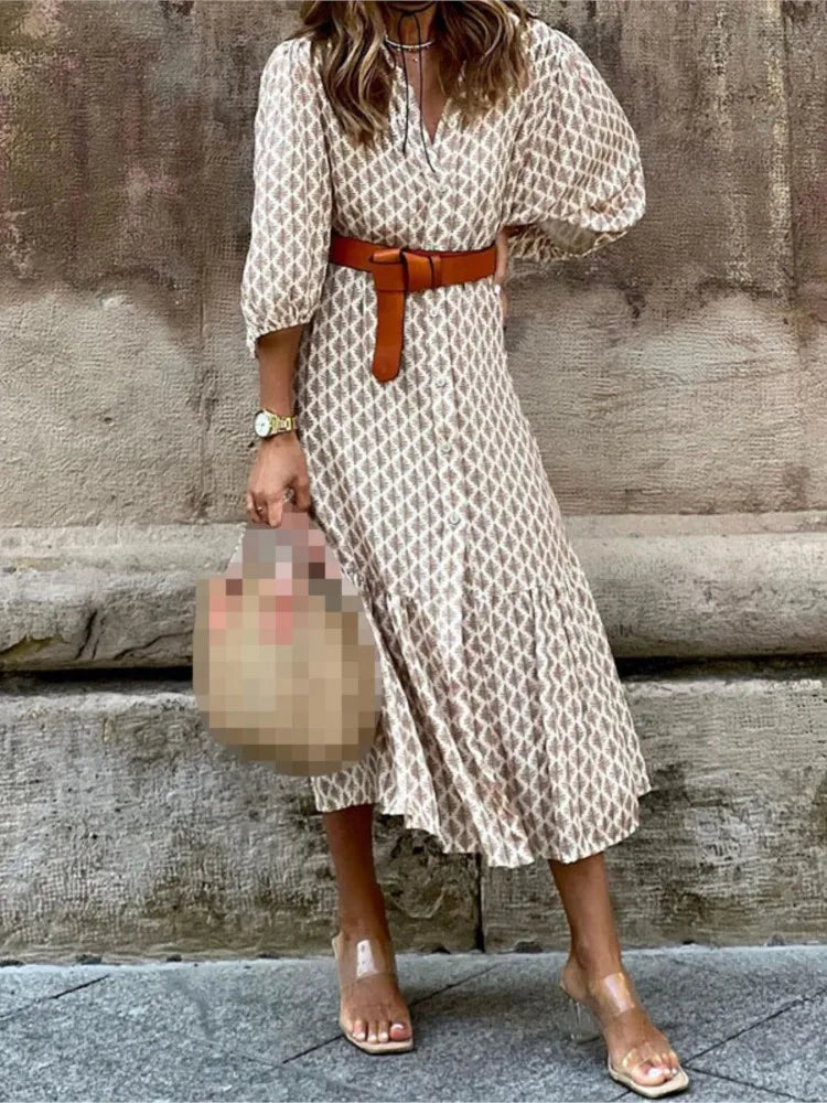 Belt Print V-Neck Simple Long Dress