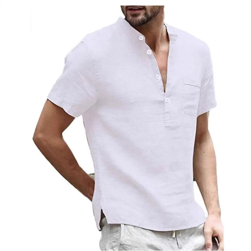 Cotton Linen Short Sleeve Men's T Shirt Stand Collar