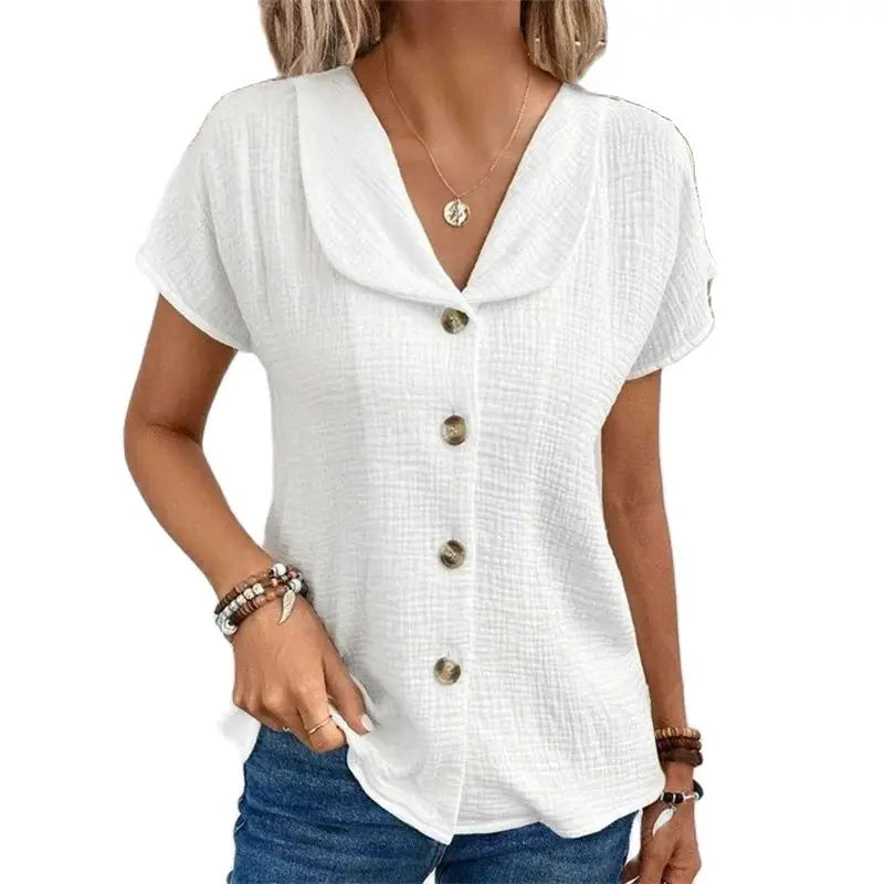Solid Short Sleeve Cardigan Button Women's Top