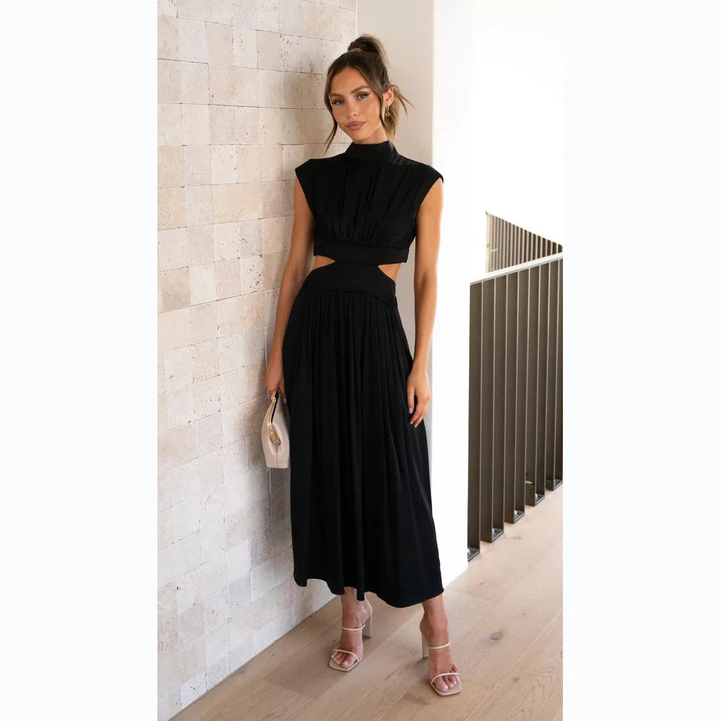 0  Stand-up collar macaron waist-baring long dress