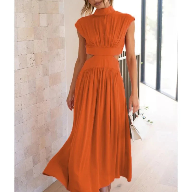 0  Stand-up collar macaron waist-baring long dress