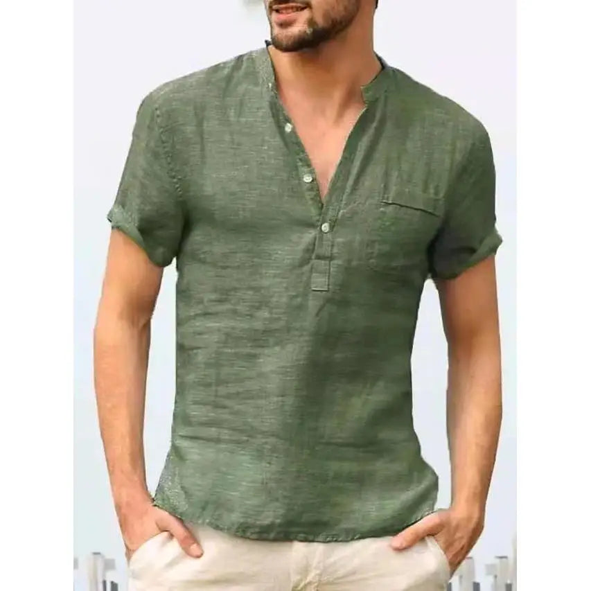Cotton Linen Short Sleeve Men's T Shirt Stand Collar