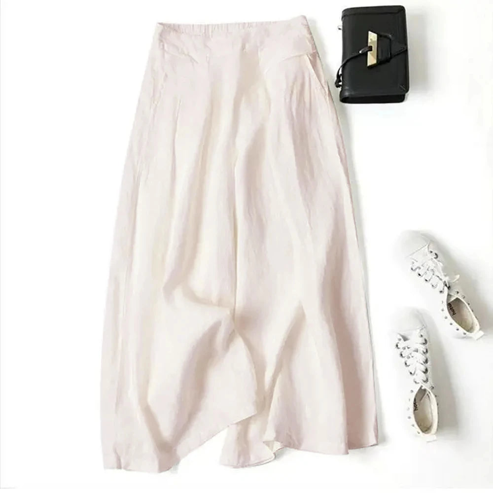 Literary cotton and linen wide-leg culottes