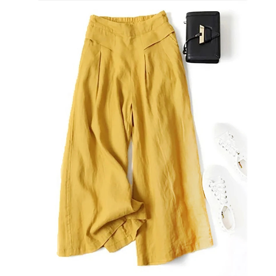 Literary cotton and linen wide-leg culottes