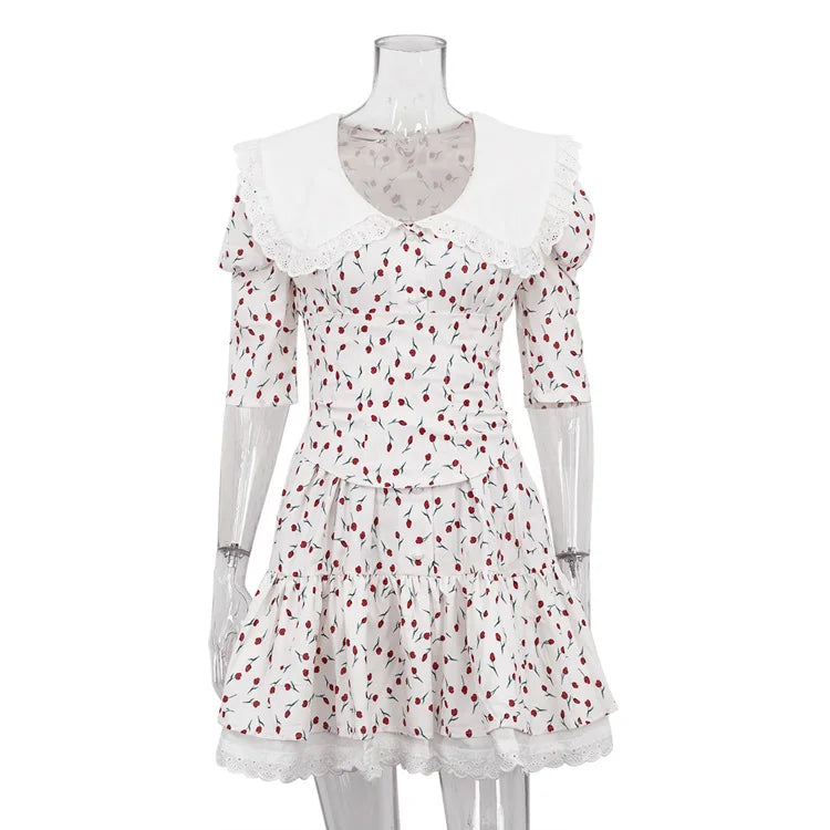 Floral Dress with Doll Neck and Short Sleeves