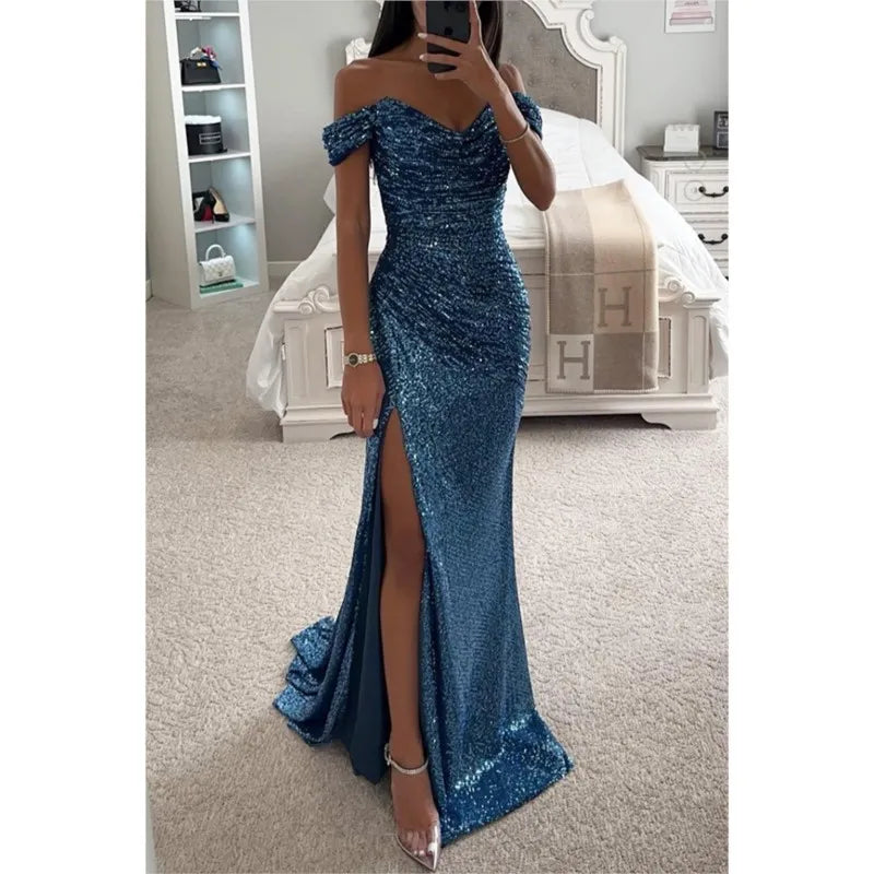 Sexy polyester ball gown with subtle shimmer and a high slit