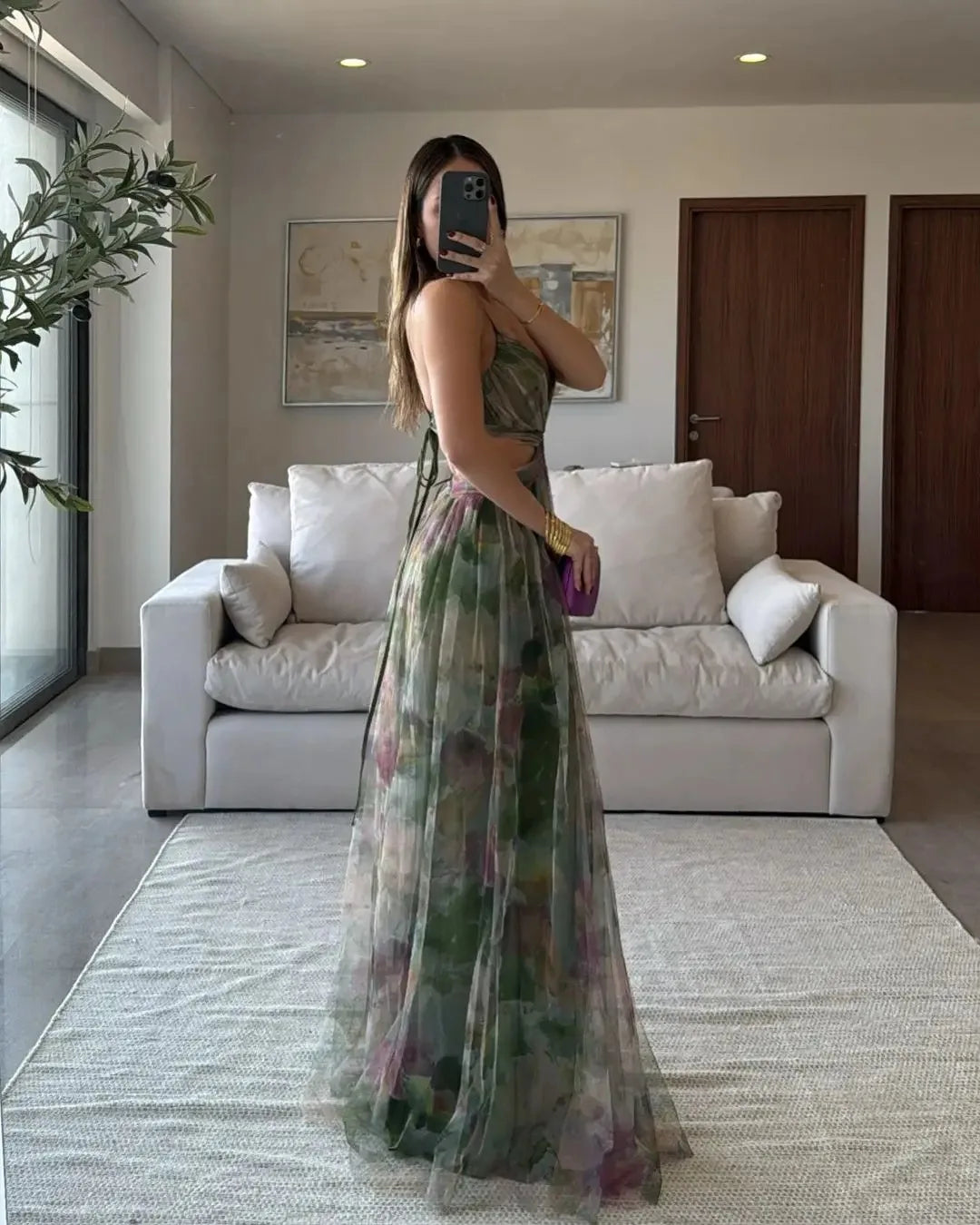 New Mesh Print Halter Dress Resort Casual Party Dress