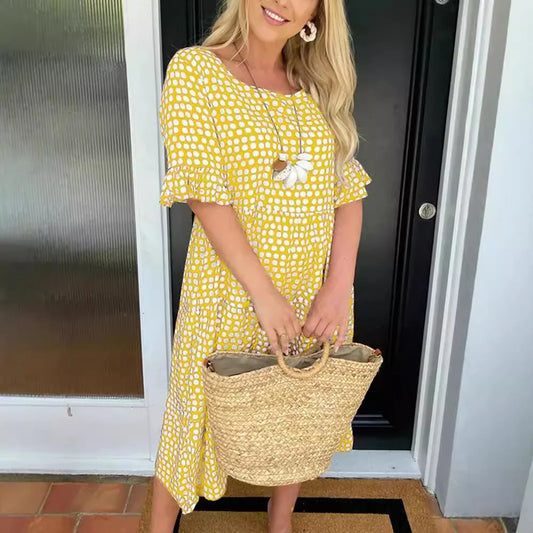 Round neck printed short-sleeved dress