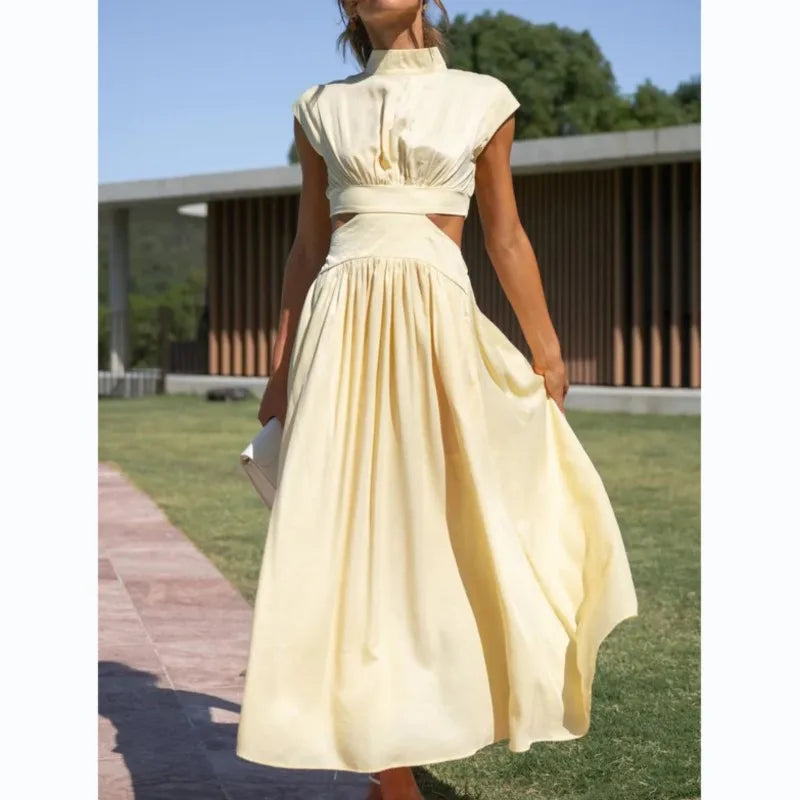 0  Stand-up collar macaron waist-baring long dress
