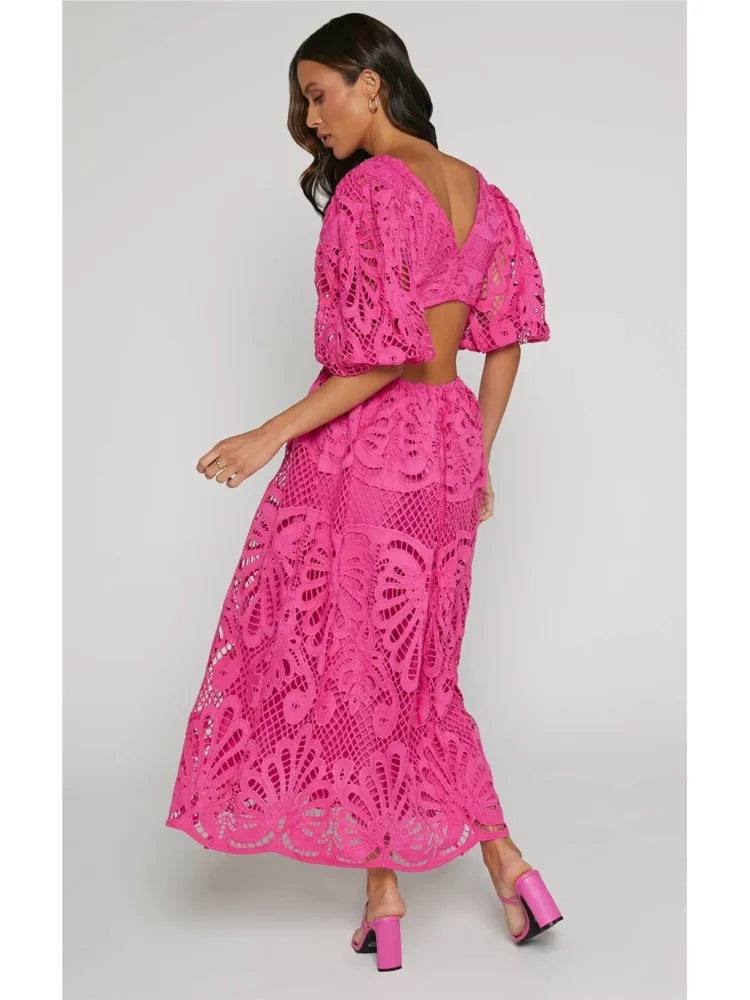 Cutout lace embroidery sexy waist-baring dress