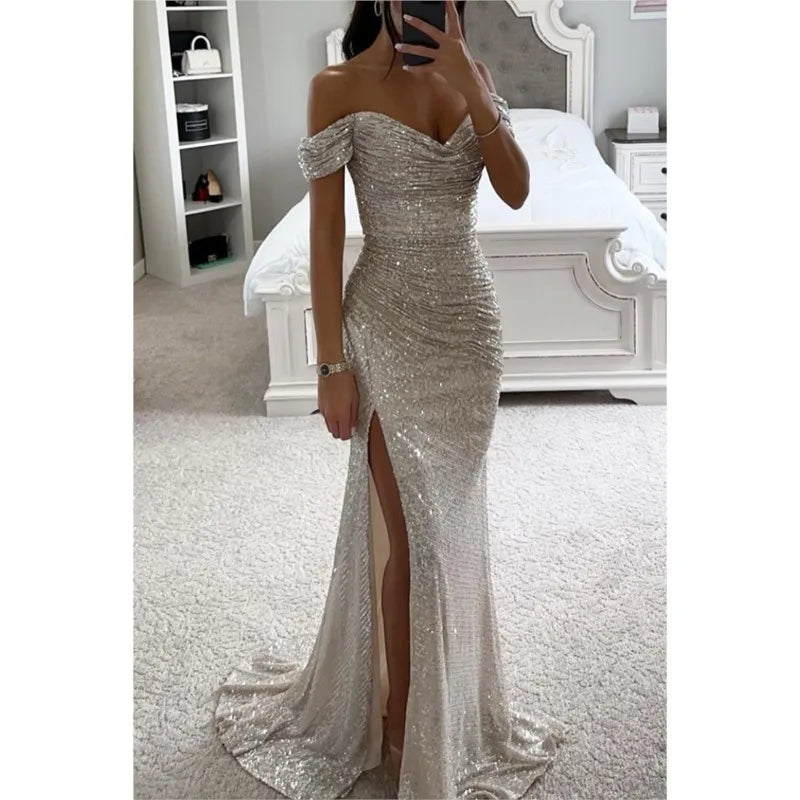 Sexy polyester ball gown with subtle shimmer and a high slit
