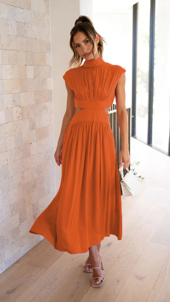 0  Stand-up collar macaron waist-baring long dress