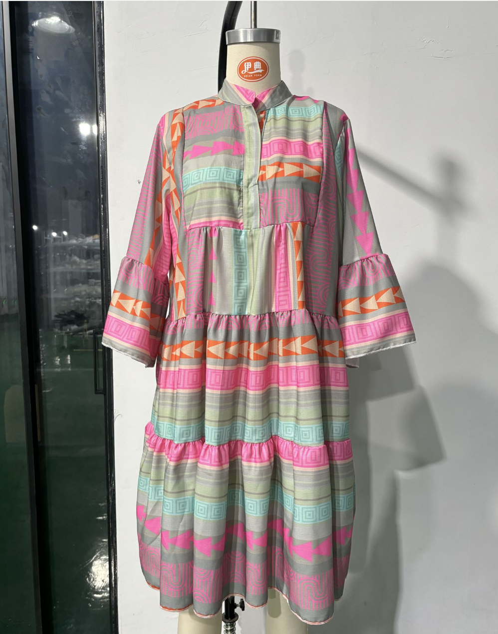 Fall Print V-Neck Three-Quarter Sleeve Dress