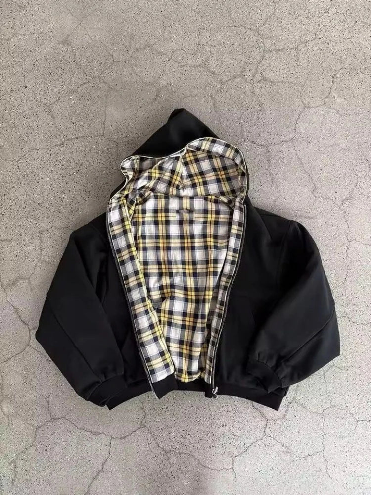 Hooded zippered plaid reversible sweatshirt