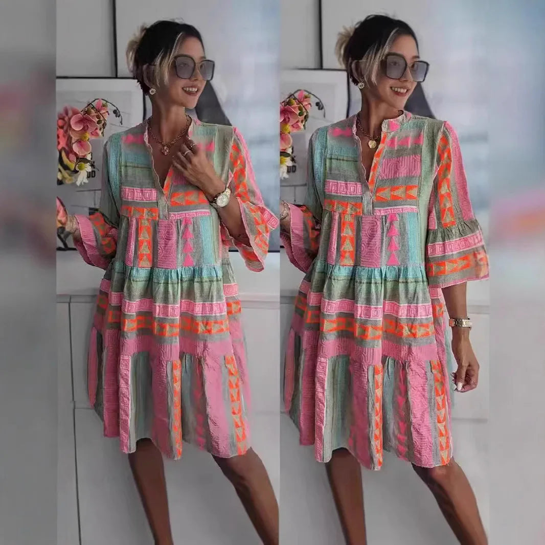 Fall Print V-Neck Three-Quarter Sleeve Dress