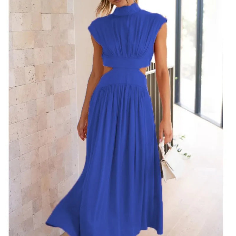 0  Stand-up collar macaron waist-baring long dress