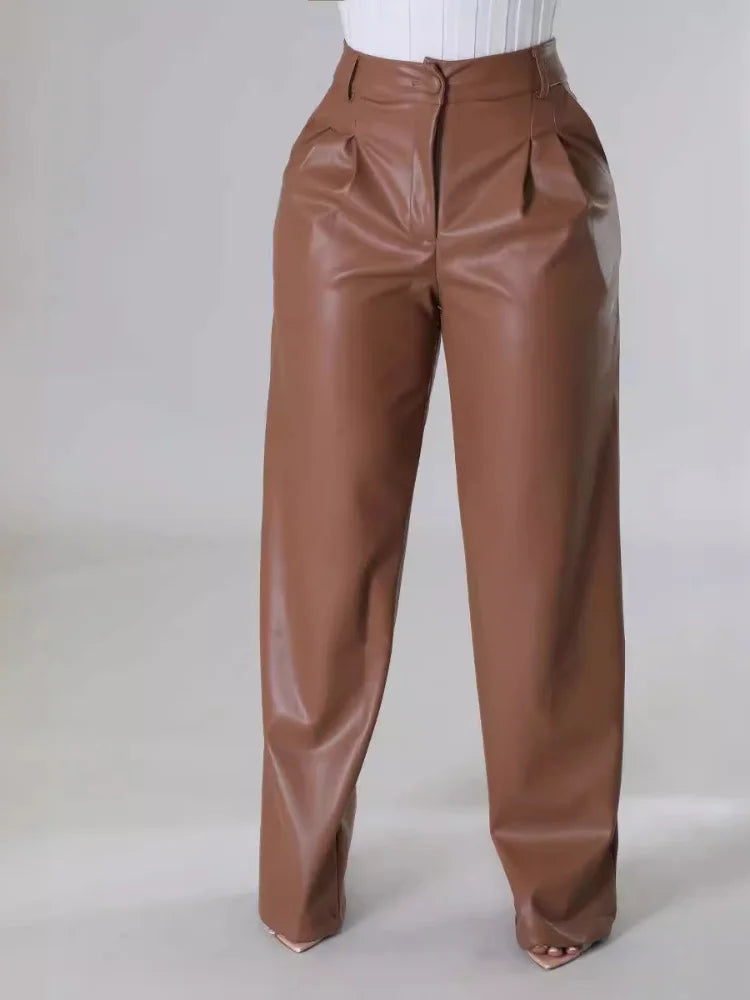 PU Women's Loose Wide Leg Pocket Casual Leather Pants